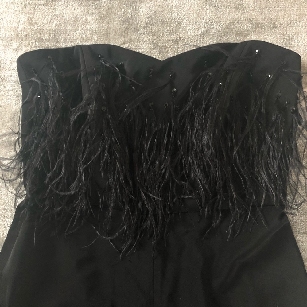 Saloni satin/ crepe jumpsuit with feathers